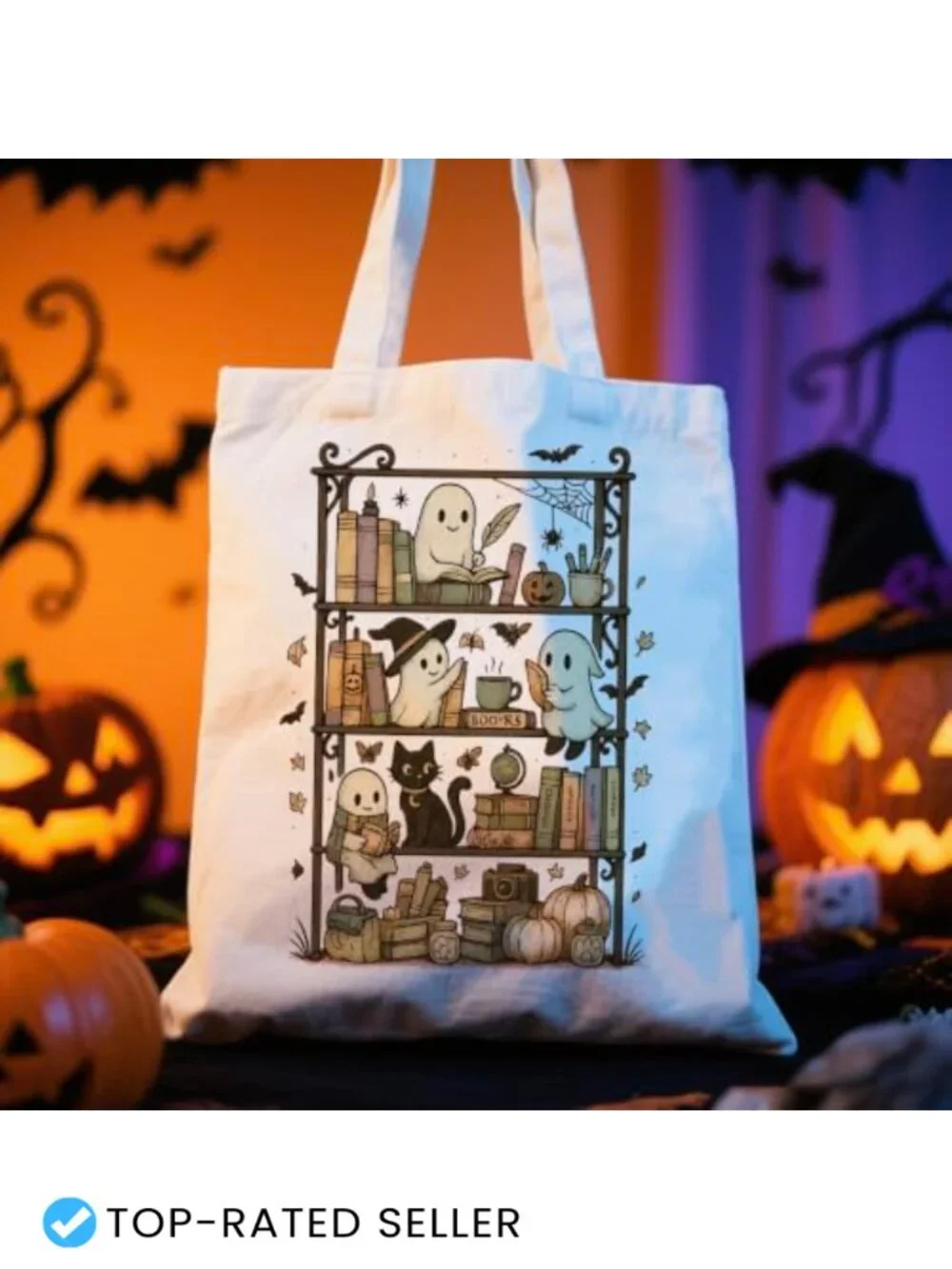 Halloween Book Lover Canvas Tote Bag Bookish Gift for Readers Black Cat Pumpkin